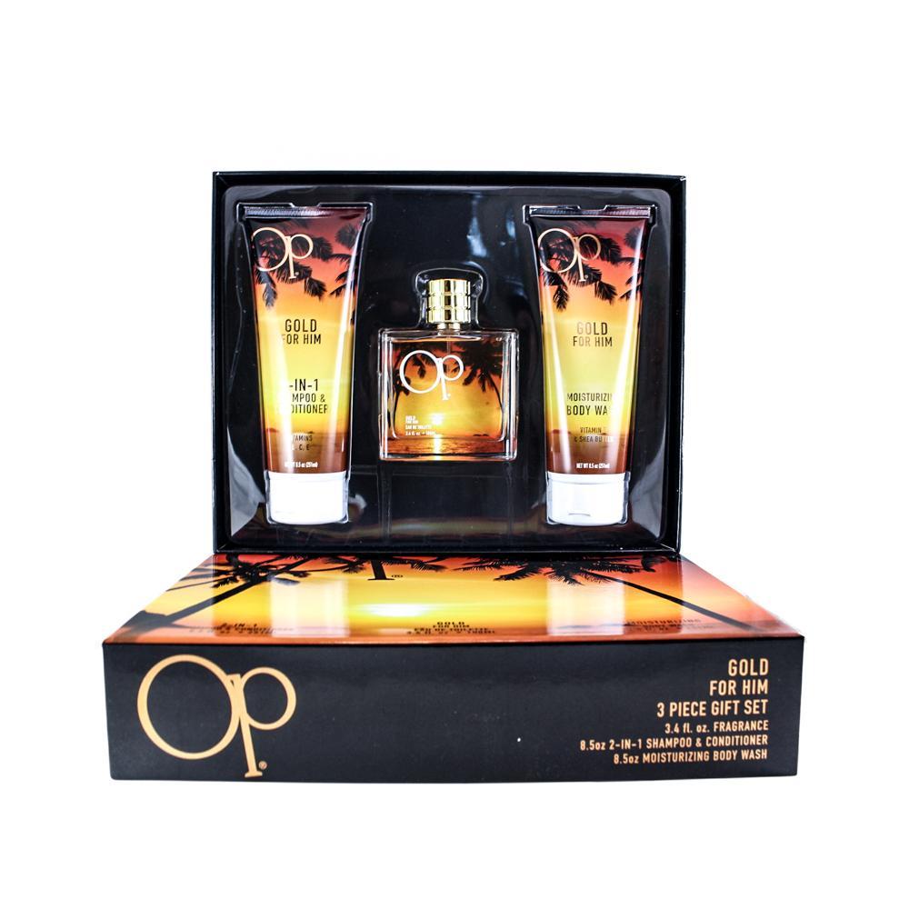 Ocean Pacific Op Gold 3 Pc Gift Set (3.4 oz Eau de Toilette Spray + 8.5 oz Shampoo + 8.5 oz Body Wash) for Men