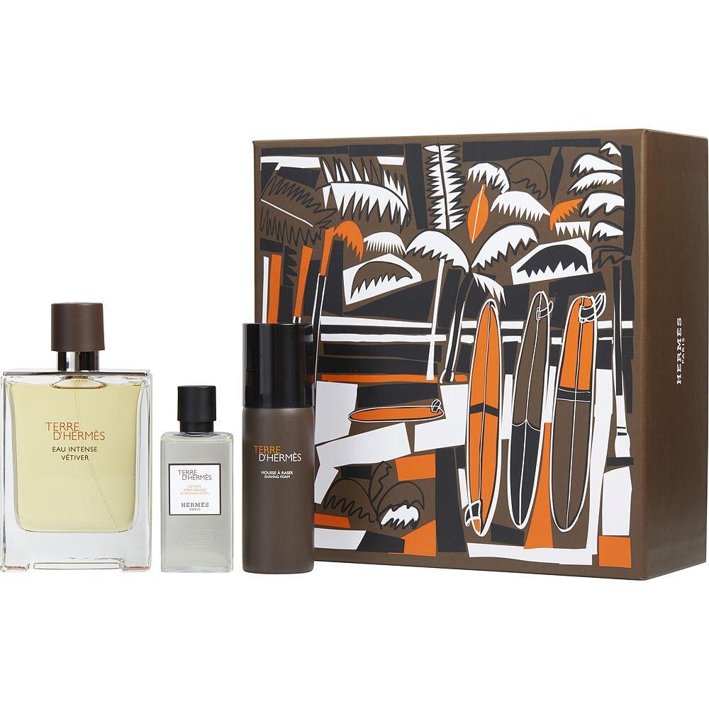 Terre D'Hermes Eau Intense Vetiver 3 Pc Gift Set (3.3 oz Eau de Parfum Spray + 1.35 oz Aftershave Lotion + 1.7 oz Shaving Foam) for Men