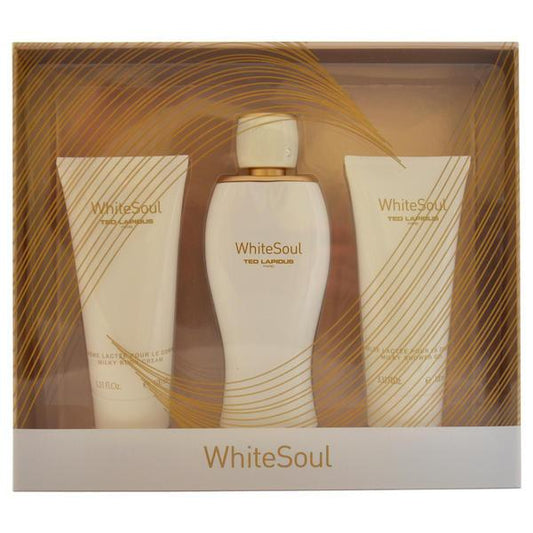 Ted Lapidus White Soul Perfume for Women 3 Piece Gift Set (3.33 oz Eau de Parfum Spray + 3.33 oz Body Milk + 3.33 oz Bath and Shower Gel)